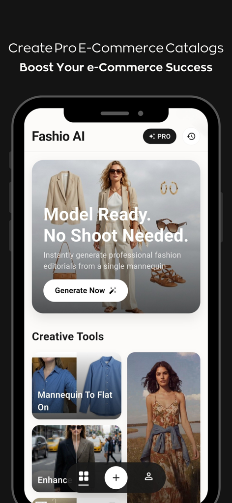 AI Fashion Studio Maker:Fashio - Fashio AI mobile app home screen for professional e-commerce fashion catalog creation