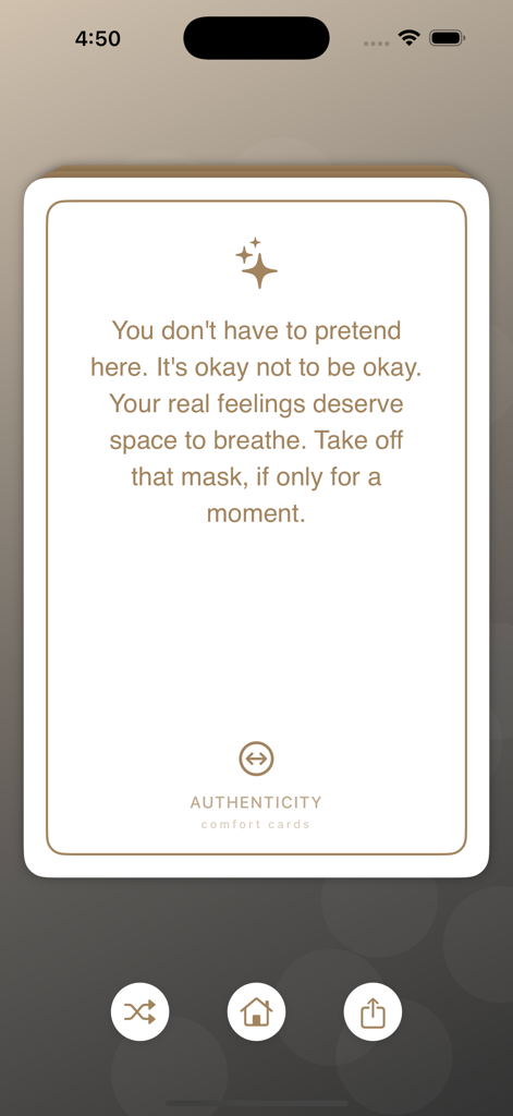 Uma carta digital do aplicativo Comfort Cards exibindo uma mensagem de apoio sobre autenticidade e vulnerabilidade emocional.