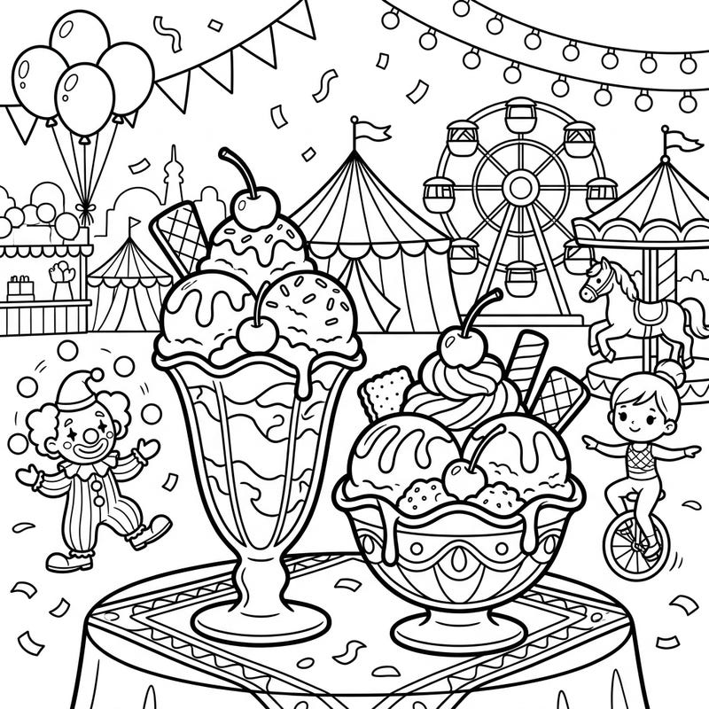 Dive into a world of sugary delights and carnival excitement with this vibrant coloring page! Kids will love bringing to life colossal sundaes amidst clowns, Ferris wheels, and circus tents.