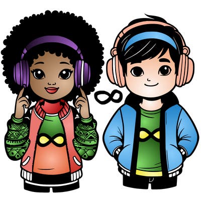 an afroamerican girl with headphones and a boy with headphones, they have an ♾️ symbol on their shirt