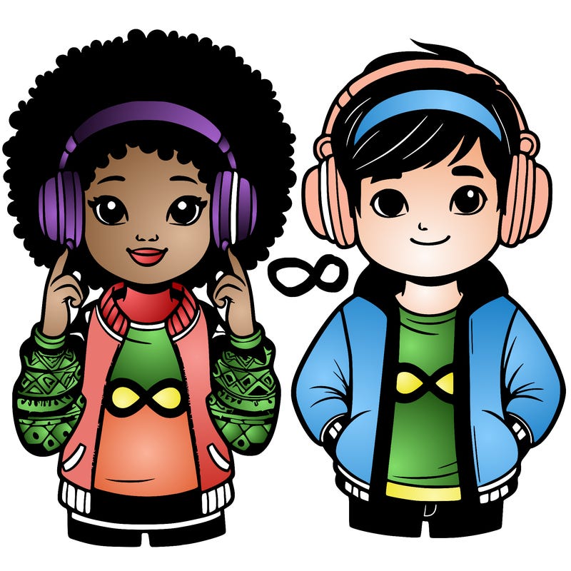 an afroamerican girl with headphones and a boy with headphones, they have an ♾️ symbol on their shirt