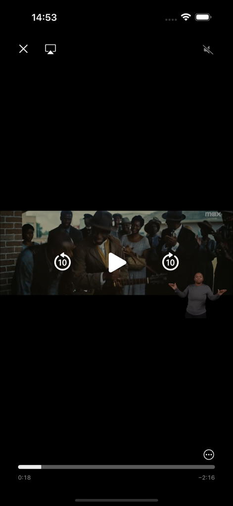 Honor: Save Time Movies - A mobile app interface displaying a movie trailer with playback controls and a sign language interpreter overlay.