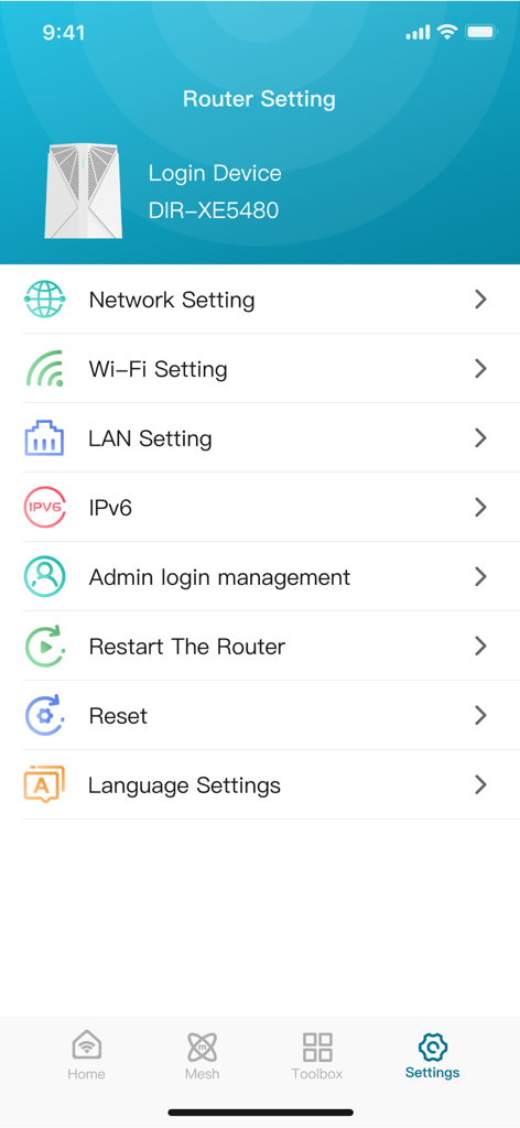 D-Link Mobile Connect Plus - Router settings menu in the D-Link Mobile Connect Plus app showing network and wifi management options.
