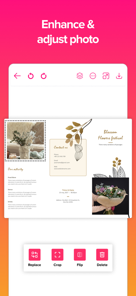 Pantalla de aplicación móvil que muestra herramientas de ajuste de fotos como recortar y voltear dentro de una plantilla de folleto floral