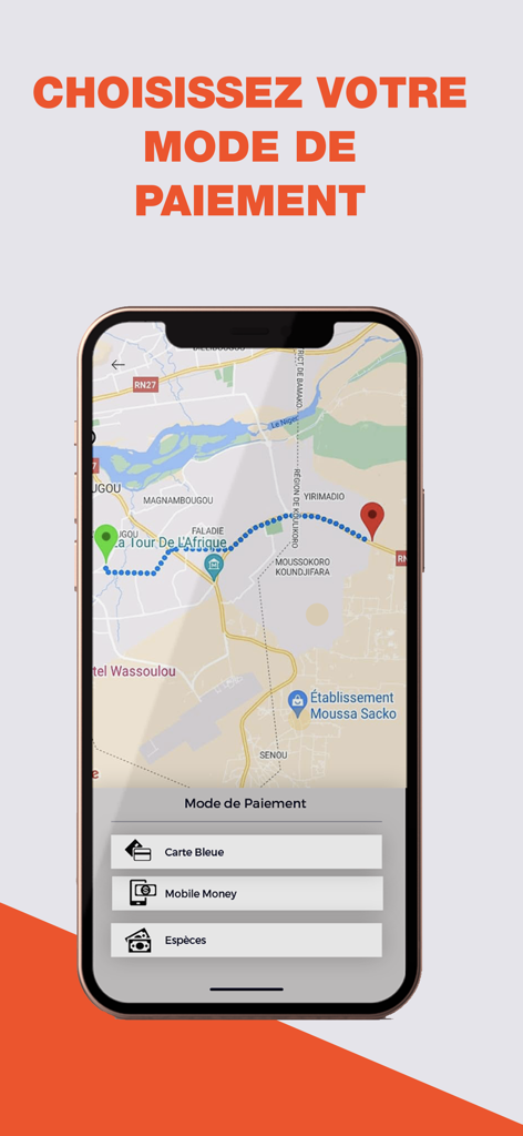 Woyo I Bora I Sera - Écran de l'application Woyo montrant les options de paiement pour la Carte Bleue, Mobile Money et espèces avec une carte de trajet à Bamako.
