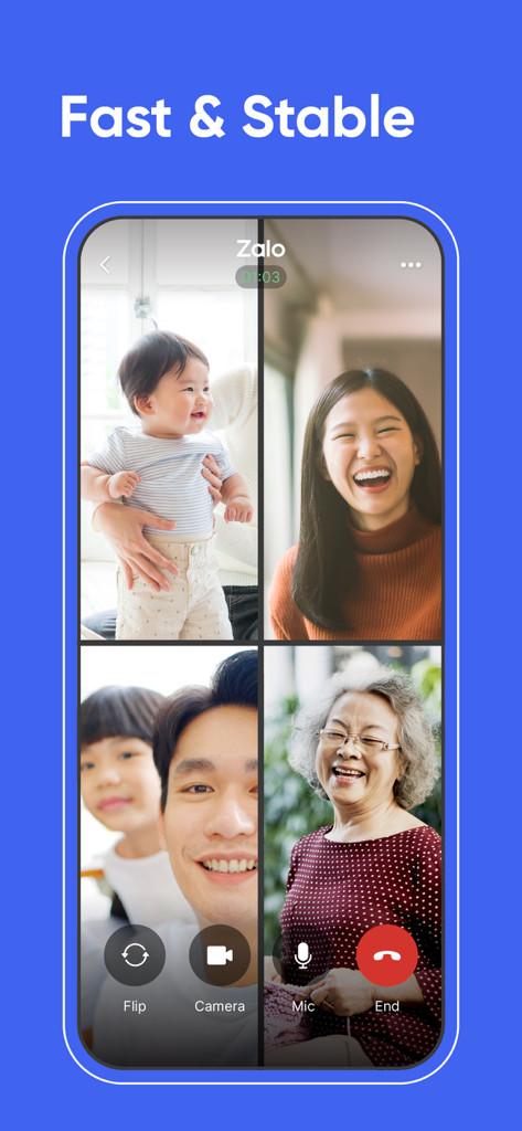 Mehrgenerationen-Familie teilt einen Gruppen-Videoanruf auf Zalo mit einer schnellen und stabilen Verbindung.