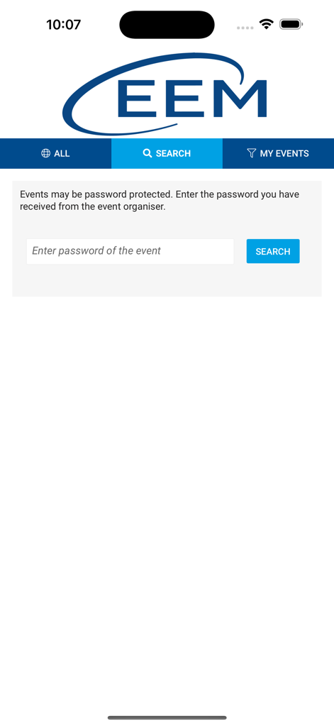 EEM Events - Search screen in the EEM Events app featuring a password entry field for accessing protected event information.
