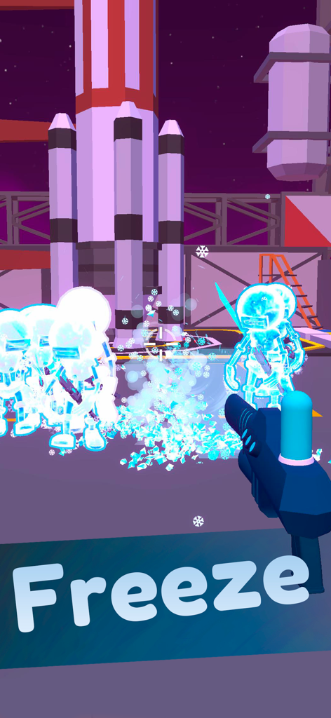 A first-person view of a freeze gun turning enemies into ice in Crazy Gun Inventor