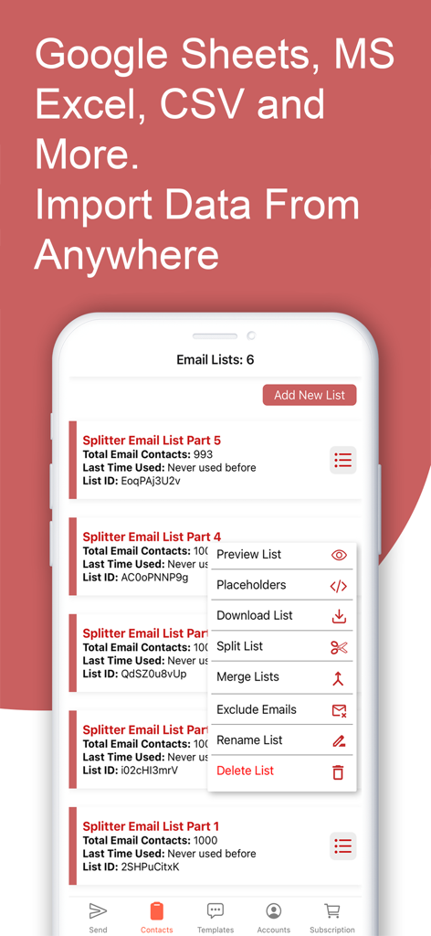 Mail Merge: Bulk Email Sender - Mobile app interface for managing and importing email contact lists from Google Sheets and Excel.