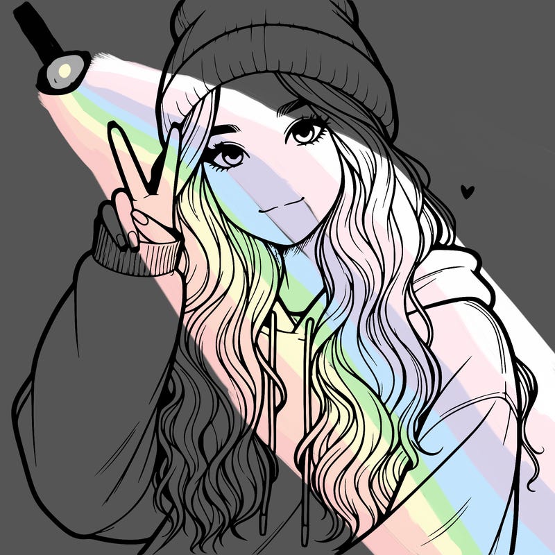 a teenage girl in a beanie, oversized sweatshirt, wavy long hair, and is showing a ✌️