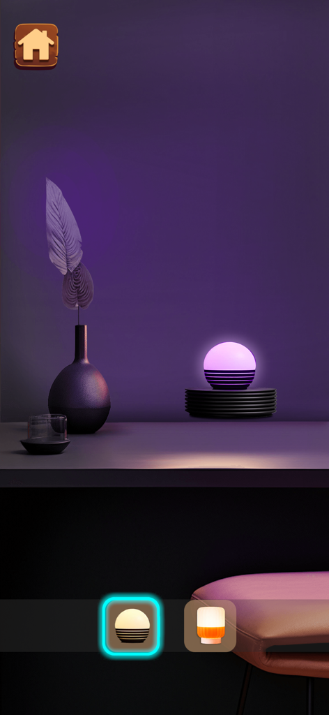 Relaxing Antistress popit Game - Una escena de habitación minimalista con una lámpara de orbe púrpura brillante y una estética relajante