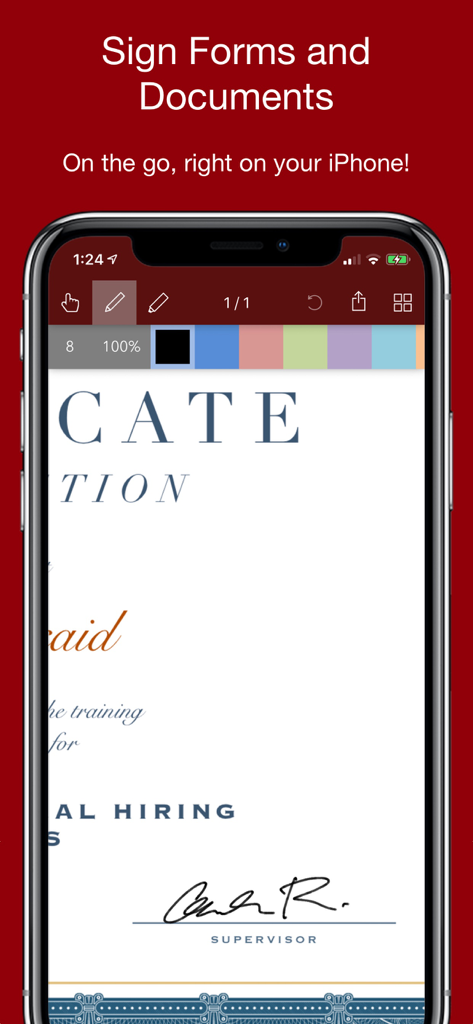 Smart PDF+ Editor - iPhone上のSmart PDF エディタを使用してドキュメントにデジタル署名を行っている様子