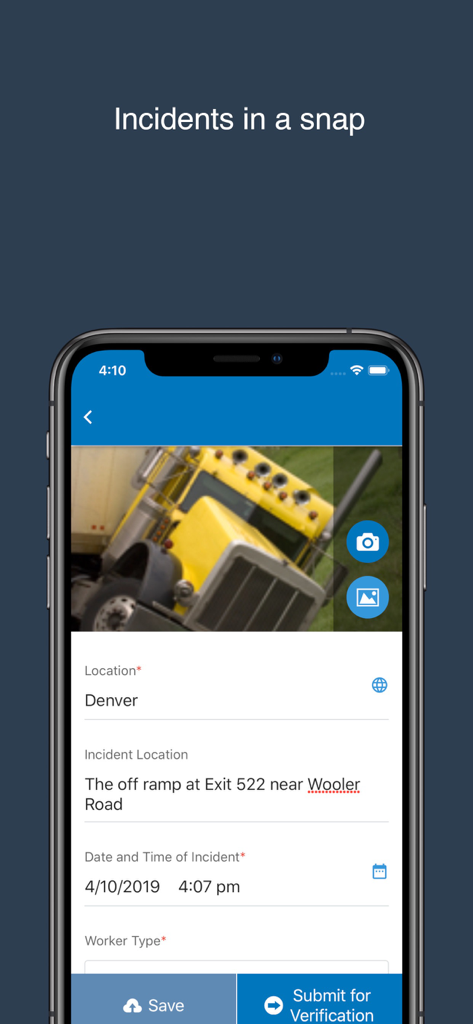 Intelex Mobile - Interface de reporting d'incidents de l'application Intelex Mobile montrant un formulaire avec une photo de camion et des détails de localisation.