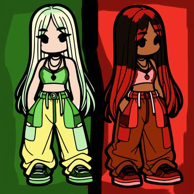 girl in baggy pants crop top and long hair