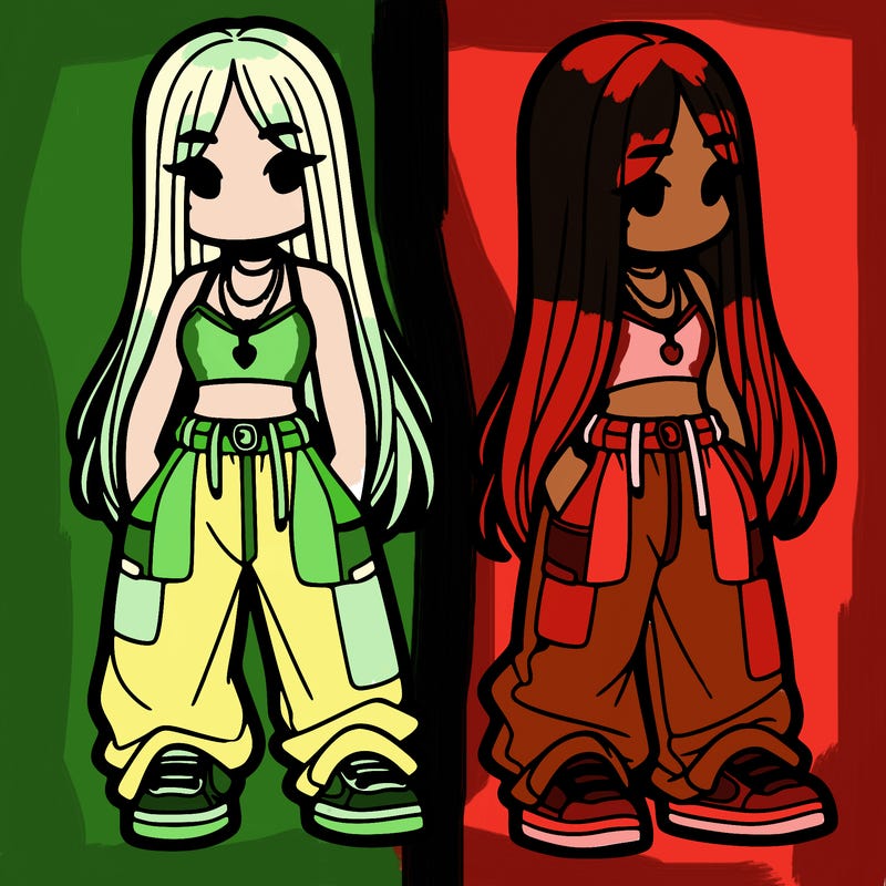 girl in baggy pants crop top and long hair