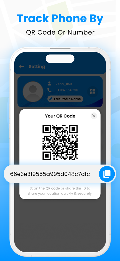 GPS Phone Tracker & Location - Uma interface de aplicativo móvel exibindo um código QR exclusivo para rastreamento e compartilhamento de localização seguro.