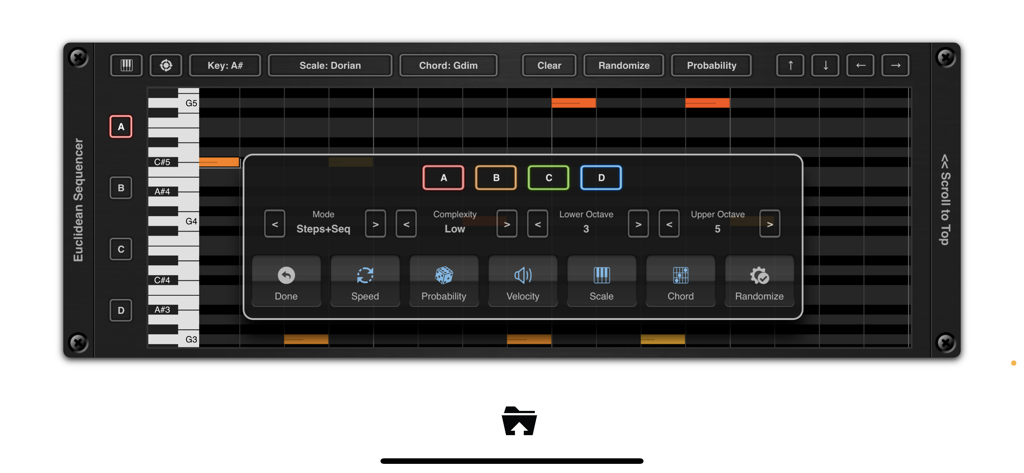 Euclidean AUv3 Sequencer - El menú de configuración de aleatorización superpuesto en la interfaz del piano roll de la aplicación Euclidean AUv3 Sequencer.