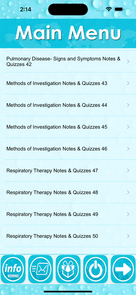 Main menu screen of Respiratory System Nursing QA app displaying a list of respiratory study notes and quiz modules
