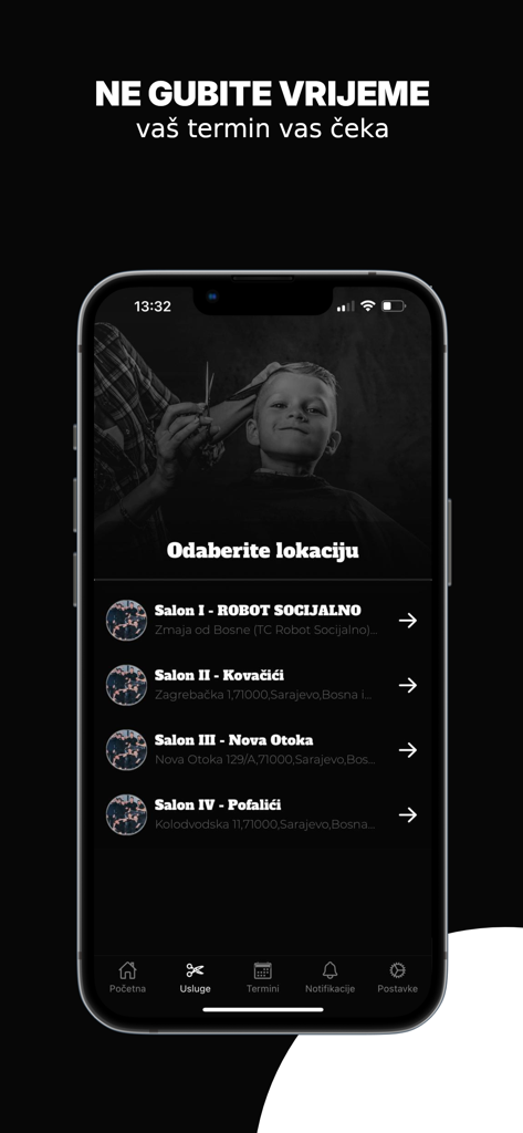 Alen's Barbershop - Location selection screen of Alens Barbershop mobile app showing different salon branches.