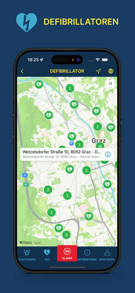 Rettung app interface showing a map of Graz with automated external defibrillator locations