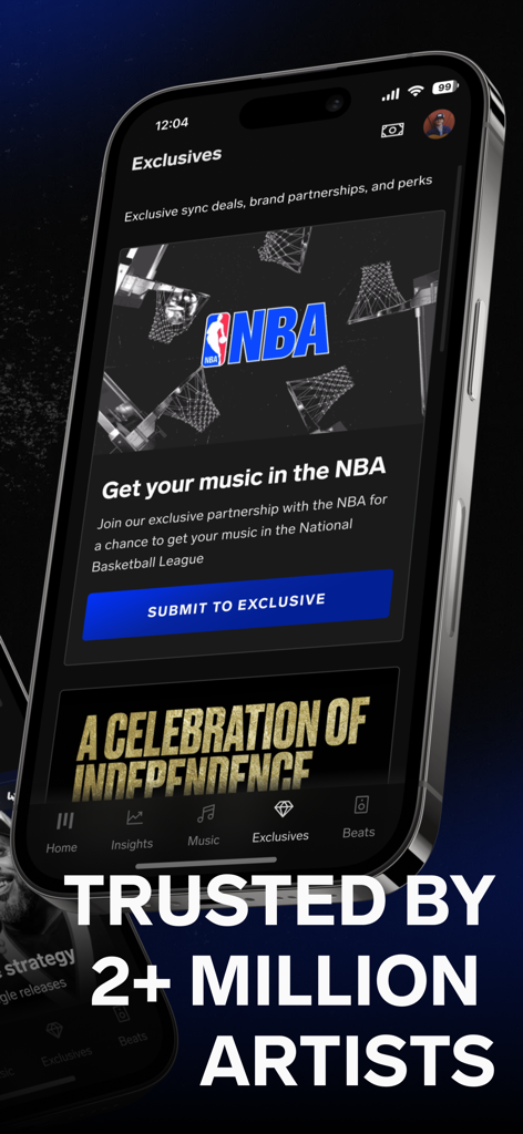 UnitedMasters 앱 인터페이스, NBA 음악 동기화 기회 및 독립 아티스트를 위한 브랜드 파트너십 표시