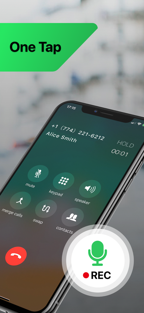 Interface iPhone affichant un appel téléphonique avec un bouton d'enregistrement en un clic