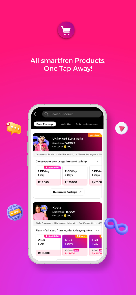 MySmartfren app screen showing various data packages and internet plans for Indonesia