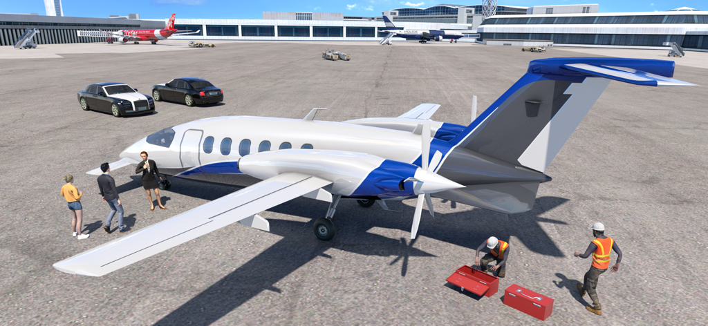 Airplane Pilot Airport Tycoon - Jet privado en el asfalto del aeropuerto con tripulación de tierra y pasajeros en Magnate de Aeropuerto Piloto de Avión.