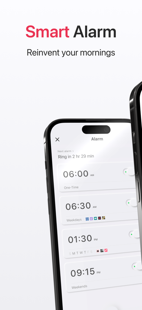 아이폰 화면의 Today Clock 앱을 위한 미적인 스마트 알람 인터페이스