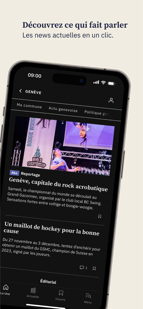 Tribune de Genève News - Interface de l'application Tribune de Genève sur un téléphone mobile affichant les actualités locales en français