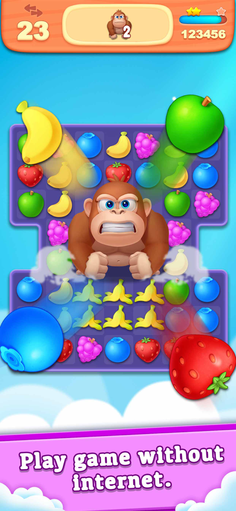 Fruit Splash Glory - A colorful fruit linking puzzle screen from Fruit Splash Glory featuring various fruits and a gorilla character.