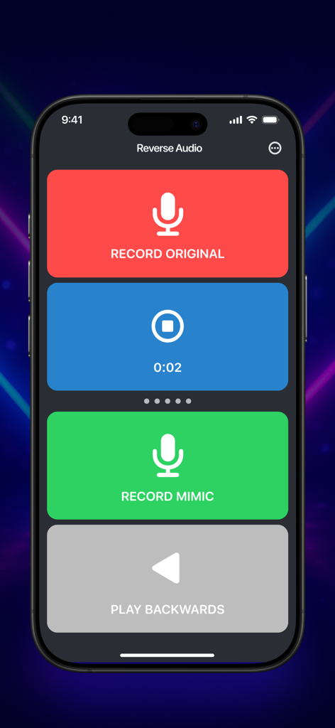 Interfaz de la aplicación Reverse Audio con botones para grabar voz original y grabar imitación.