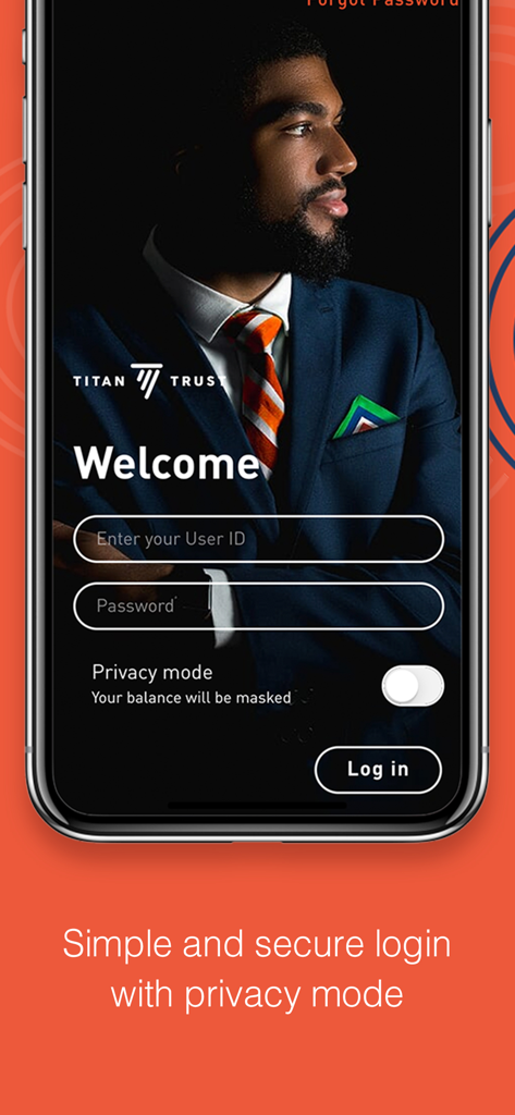 TITAN TRUST MOBILE BANKING - Login screen of the Titan Trust Mobile Banking app showing the privacy mode feature.