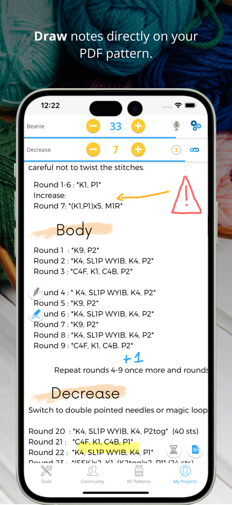 My Row Counter, Knit & Crochet - Interface of the My Row Counter app showing handwritten notes and highlights on a digital knitting pattern