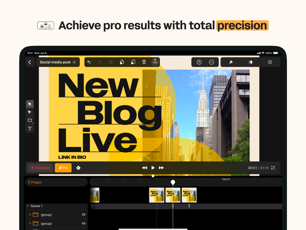 Linearity Move Motion Graphics - Linearity Move app interface on an iPad showing professional motion graphics animation with a video timeline.