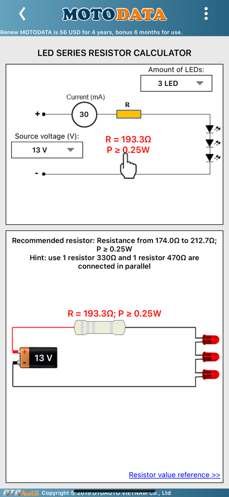 MOTODATA - Calculadora de resistencias en serie para LED para reparación de electrónica de motocicletas en la aplicación MOTODATA