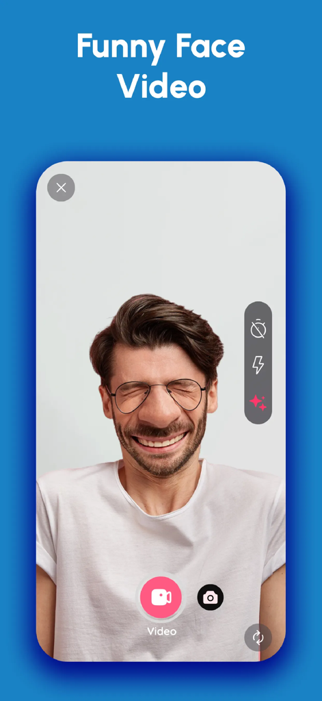 Man using a funny face distortion filter in a video recording app