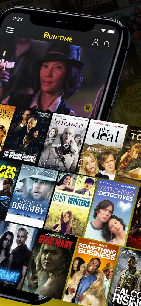 Runtime TV mobile app interface showing a catalog of free movies and streaming content