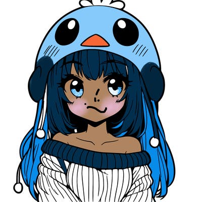 anime girl with chick shaped hat with sweater with bare shoulders with bangs covering them one eye with low tail