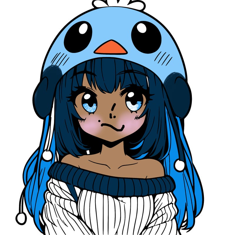 anime girl with chick shaped hat with sweater with bare shoulders with bangs covering them one eye with low tail