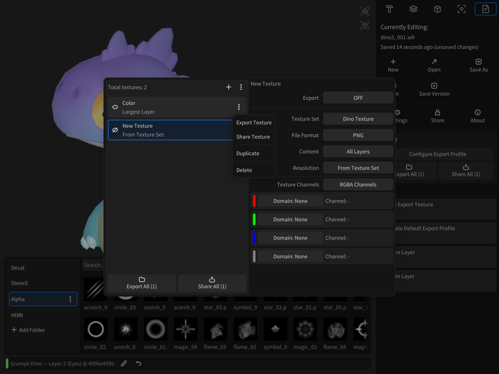 Wafer - 3D Texture Paint - Configuración de exportación de texturas y mapeo de canales en Wafer 3D Texture Paint