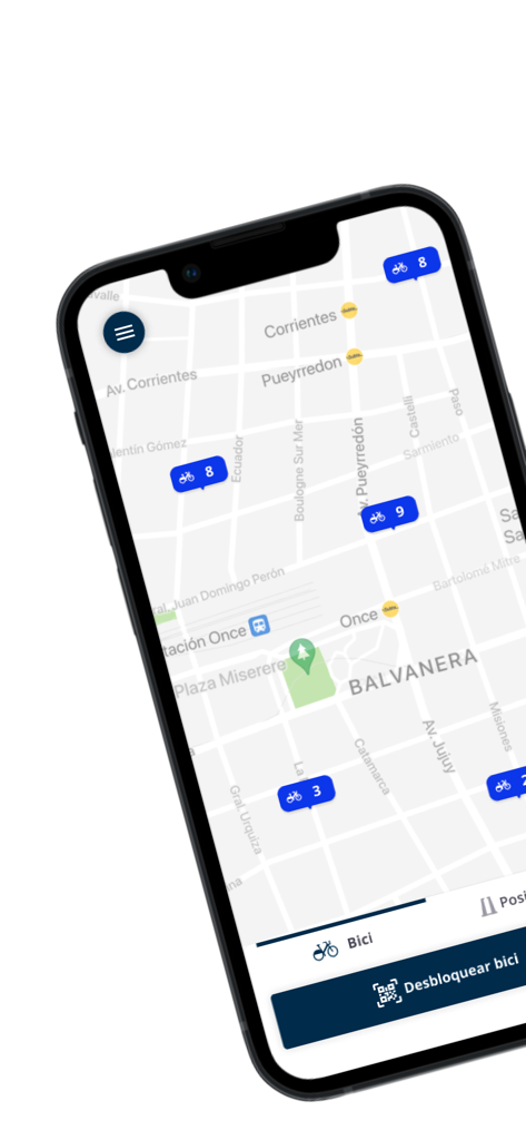 BA Ecobici por Tembici - Vista de mapa de la app BA Ecobici que muestra bicicletas y estaciones disponibles en Buenos Aires.