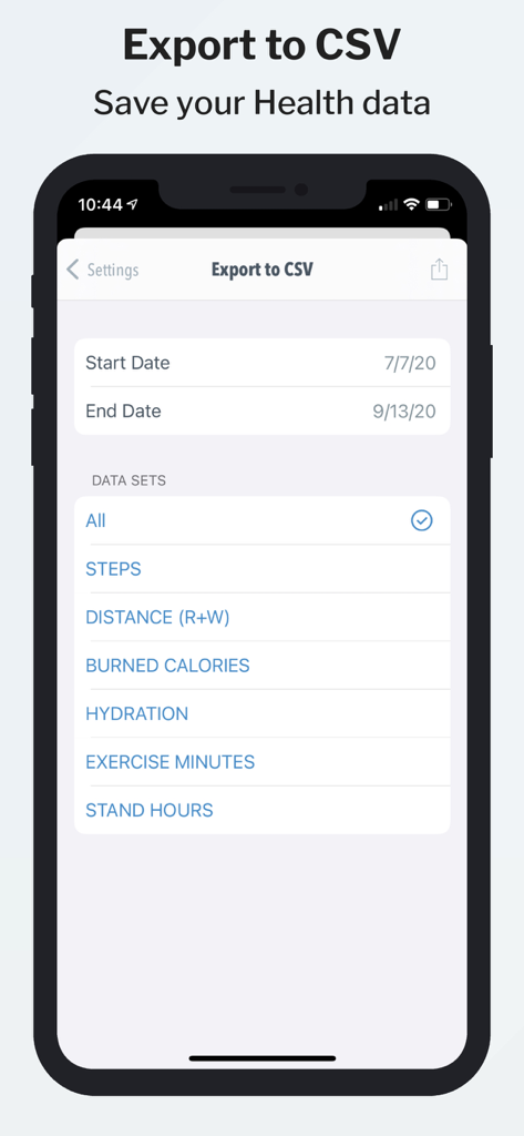HealthView - HealthView app interface showing the export to CSV feature with options to select specific health data sets and date ranges