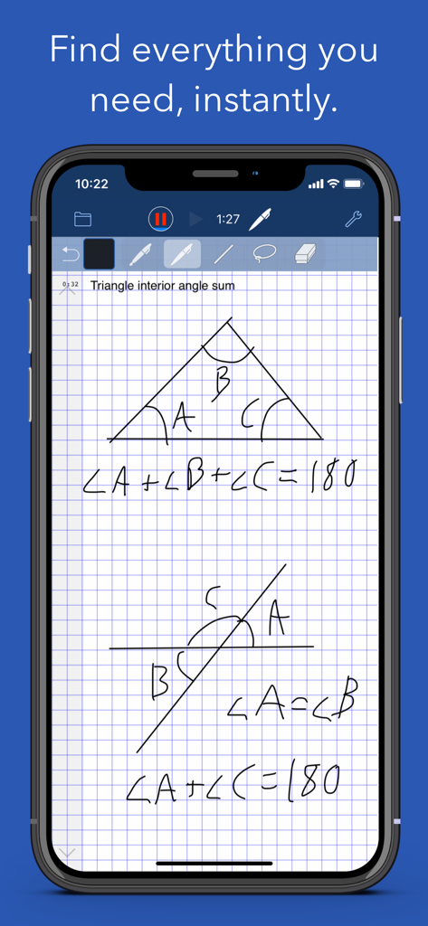 AudioNote 2 app interface showing handwritten geometry notes and audio recording bar