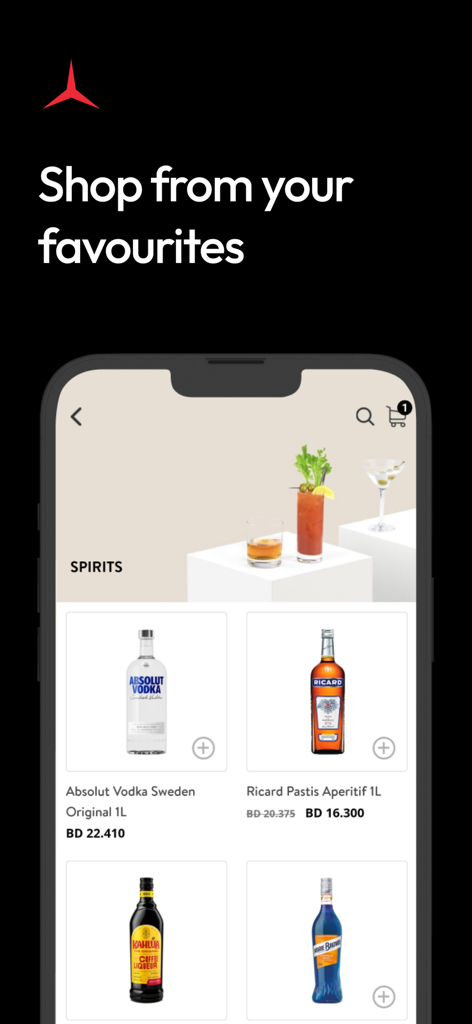 A&E Shop - Alcohol Delivery - A and E Shop alcohol delivery app spirits category screen showing premium brands and prices