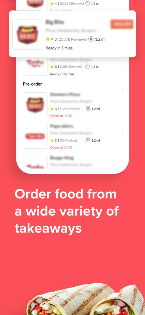 Schermata mobile che mostra una varietà di opzioni di ristoranti da asporto e valutazioni sull'app BigFoodie