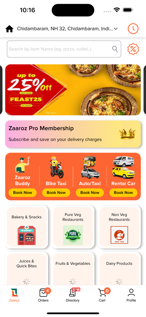 Zaaroz Food Ordering App - Écran d'accueil de l'application de commande de nourriture Zaaroz montrant les services de livraison et les catégories de nourriture