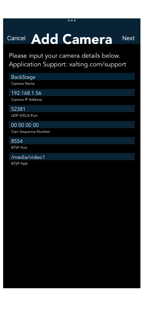 Interface for adding a new PTZ camera showing IP address and VISCA port configuration fields
