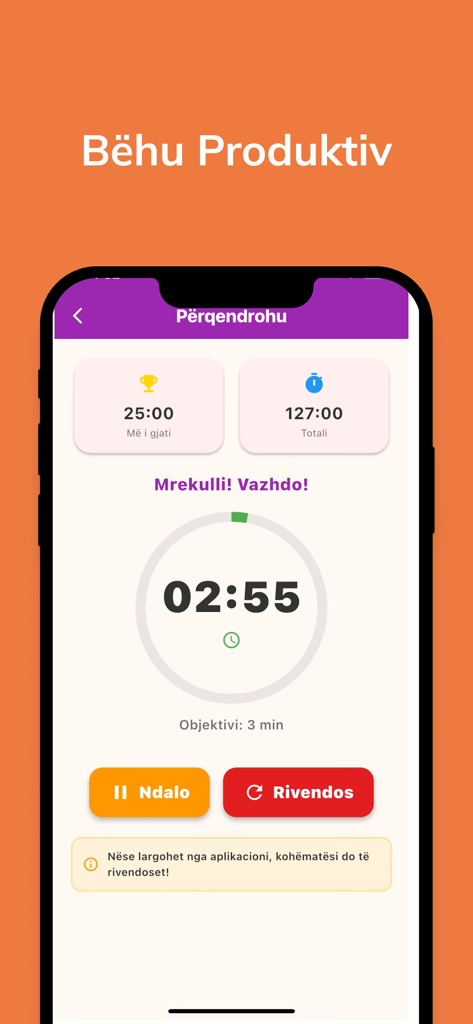 Fjala - Mëso Duke Luajtur - Una interfaz de temporizador de concentración en la aplicación Fjala para niños que aprenden albanés.