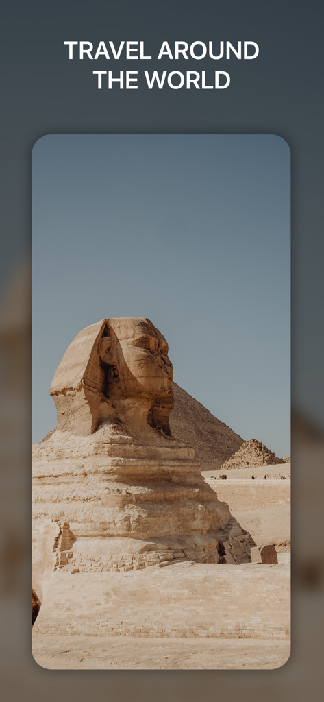 A travel app screenshot showing the Great Sphinx of Giza with the text Travel Around the World